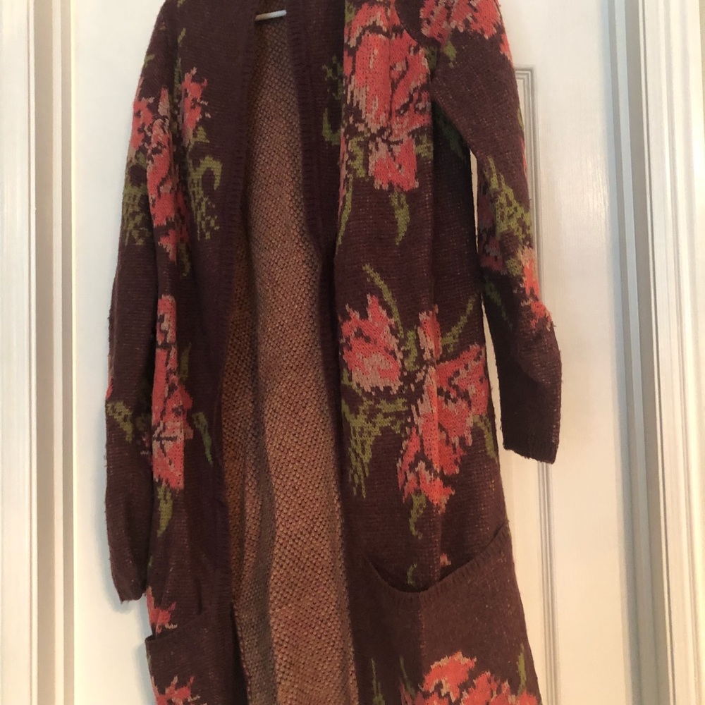 Maroon/Dark Purple Floral Long Cardigan w/ Pockets